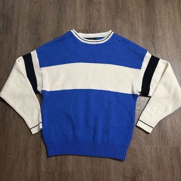 Vtg The Aspen Lid 80s Blue White Color Block Wool Blend Crew Sweater Mens XL - Picture 1 of 10